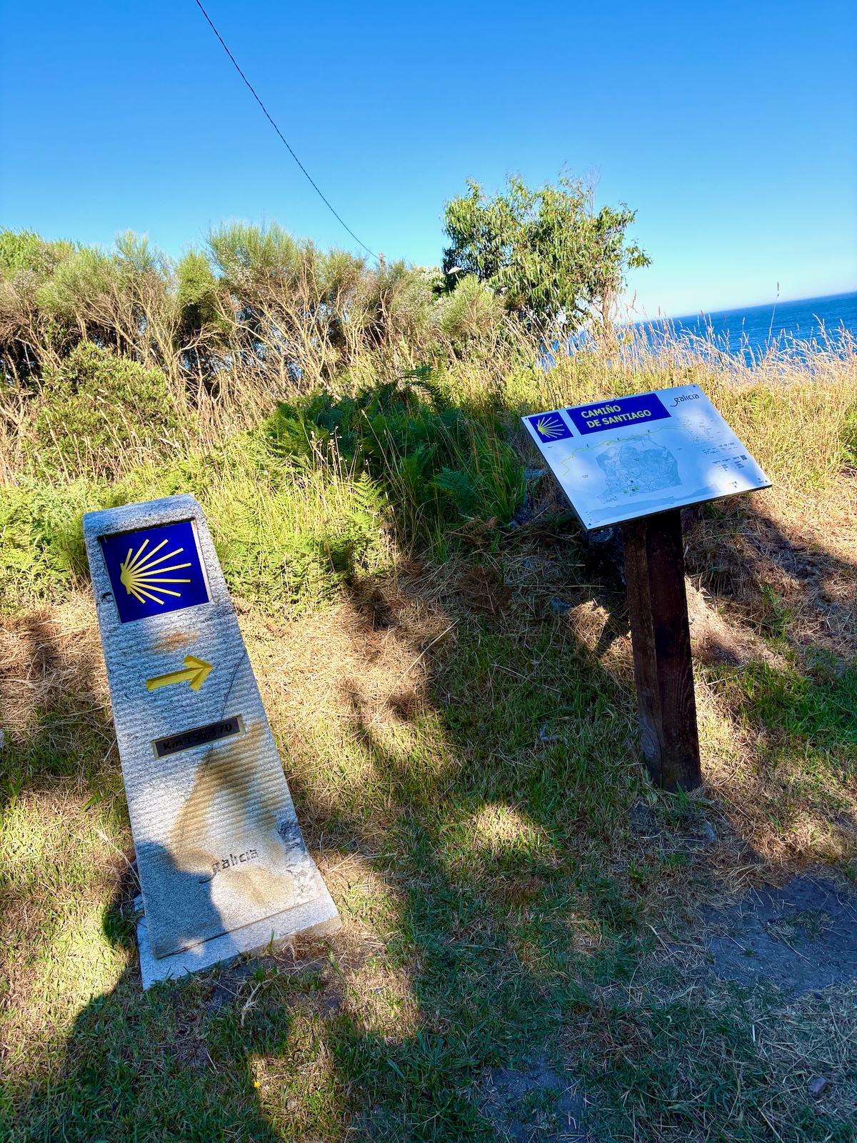 Stone milestone with yellow scallop shell and a right-pointing arrow, near an informational sign by coastal grasses and trees.