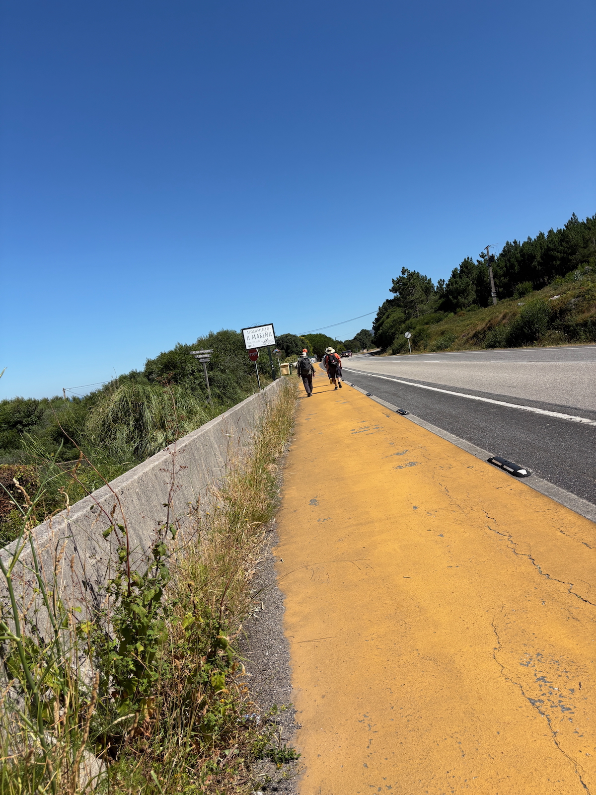 Two hikers walking on a yellow pedestrian path beside a road under a clear blue sky, with trees on a hillside.