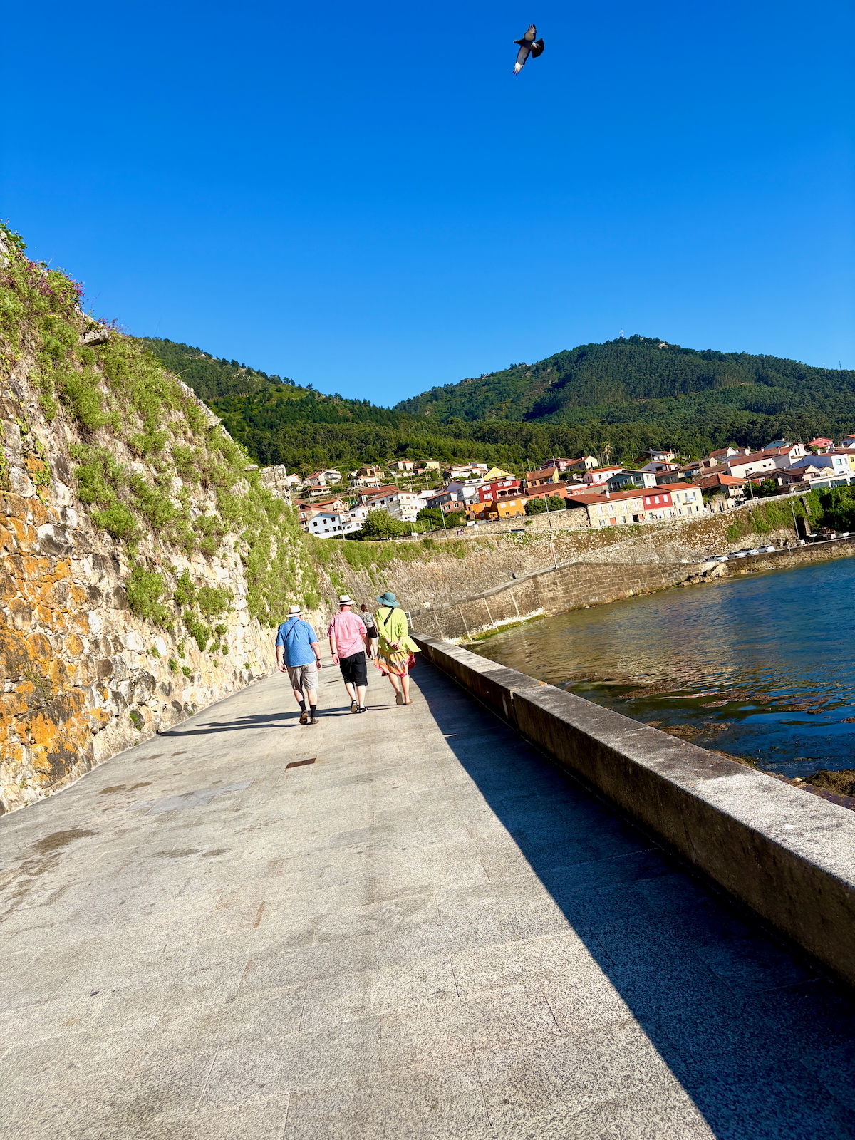 Four people walk along a stone seawall promenade beside the water, with a hillside town in the distance.