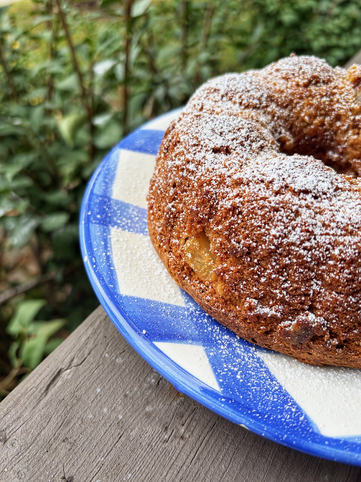 Dorie Greenspan's First-of-Fall Apple Bundt Cake on a blue and white plate with greenery in the background.