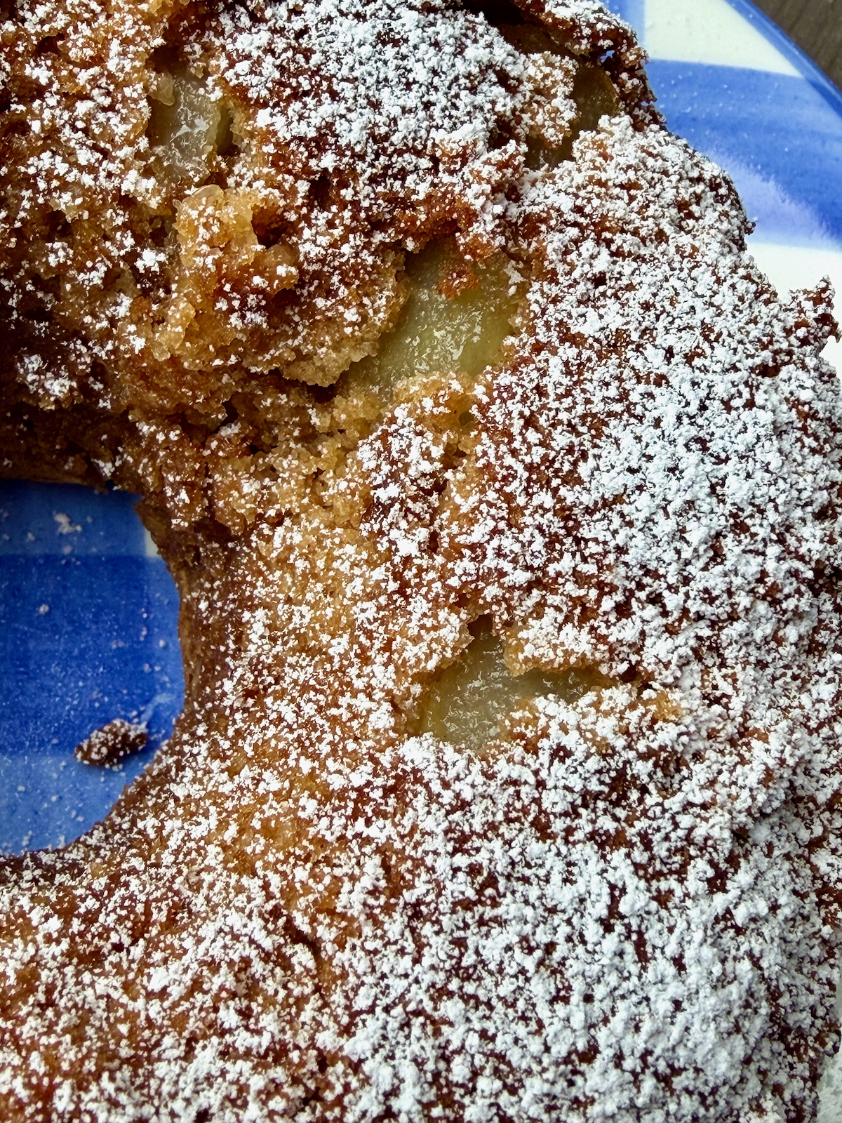 Close up of Dorie Greenspan's First-of-Fall Apple Bundt on a blue and white plate.